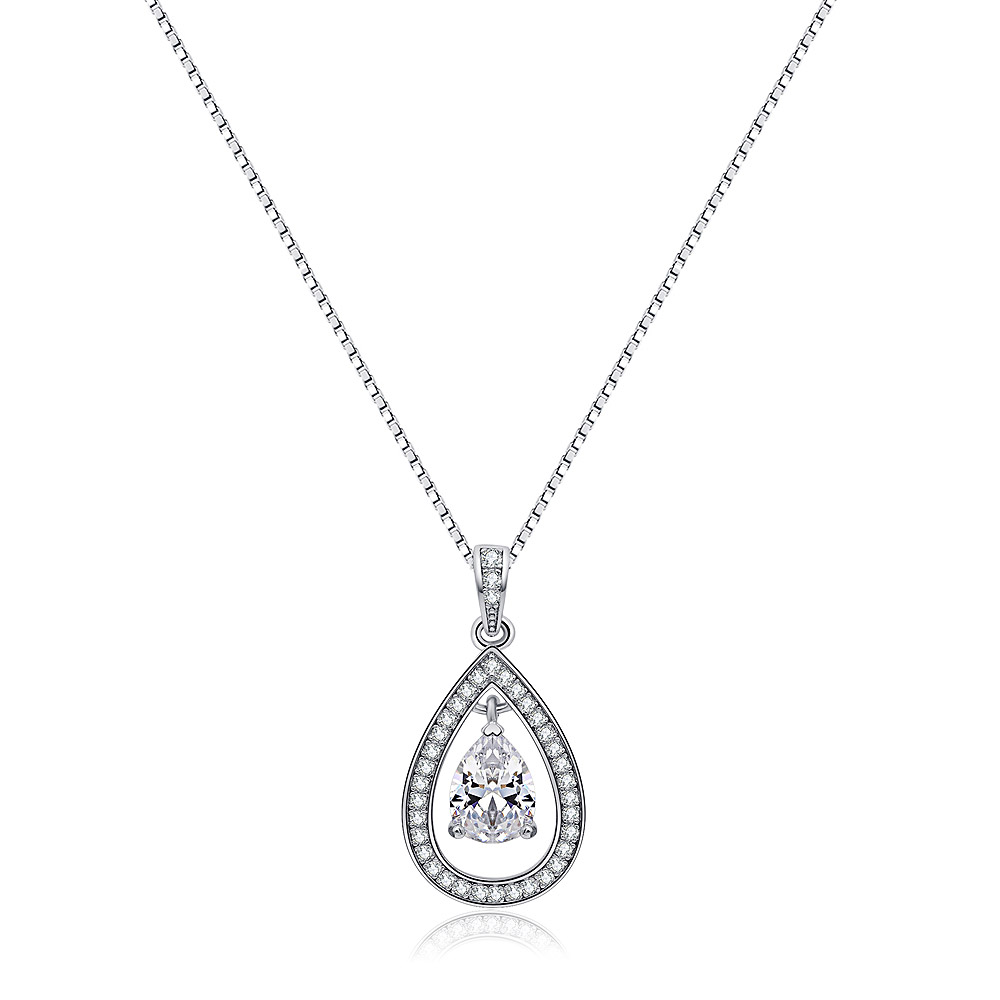 Rhodium Plated Pear Drop Necklace